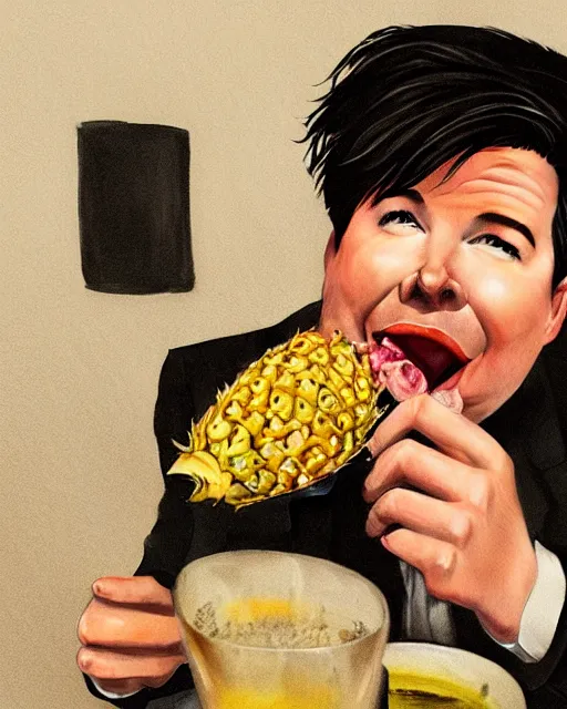 Prompt: A drunk Michael Mcintyre eating a pineapple in a nightclub in Porto,real life skin, intricate, elegant, highly detailed, artstation, concept art, smooth, sharp focus, photo