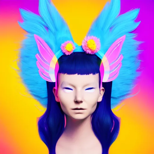 Image similar to A girl wearing an owl mask and blue hair with glowing halo and wings and a cat tail with a rainbow halo behind her. She has pink and yellow flowers around her head. Smooth lines and details and soft color palette. 4k render. Trending on Art Station!