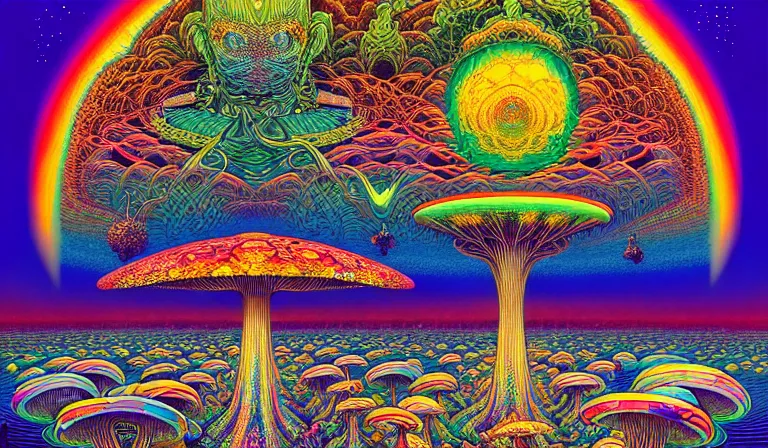 Prompt: an expansive rendering of beautiful and complex oneness of all things by dan mumford, by jim fitzpatrick, by joe wilson, by jim burns, by victo ngai, by jacek yerka, surrounded with colorful magic mushrooms and rainbowcolored marihuana leaves, insanely integrate, featured on deviant art, trending on artstation