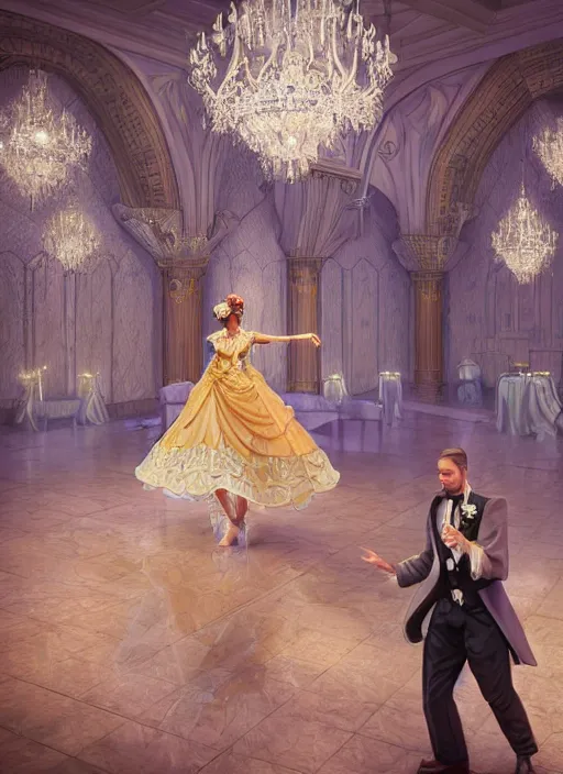 Prompt: highly detailed digital illustration of a newly married prince and princess dancing in the grand ballroom of a fantasy castle by mandy jurgens | fantasy art, cryengine, concept art, photorealism, daz 3 d, sketchfab, zbrush, vray, rule of thirds, golden ratio