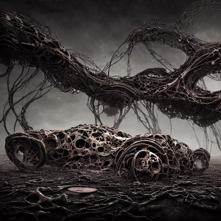 Prompt: ribbed abandoned biomechanical organic crashed car wreck on exoplanet at night, in a desolate empty wasteland, covered with organic roots, wires, tentacles, creepy, nightmare, dream-like heavy atmosphere, surreal abandoned buildings, baroque painting, beautiful detailed intricate insanely detailed octane render trending on Artstation, 8K artistic photography, photorealistic, chiaroscuro, cinematic volumetric light, Raphael, Caravaggio, Beksinski, Giger