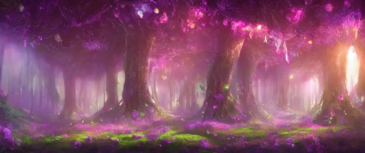 Prompt: a digital painting of a magical fantasy forest, large magical trees, magical flowers, hanging lanterns, volumetric lighting, mystical, evening, concept art, trending on artstation, matte painting, high detail, high quality, pink/purple colour scheme