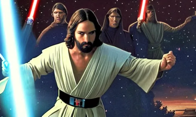 Prompt: full shot photograph of super jesus christ fighting in star wars, using a cross - shaped gold lightsaber, photorealistic, cinematic lighting, extremely detailed, star wars