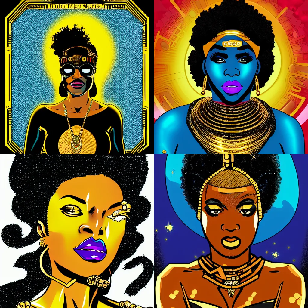 Prompt: afrofuturist woman with gold jewelry, 4k, retro art style, comic book style, bust shot