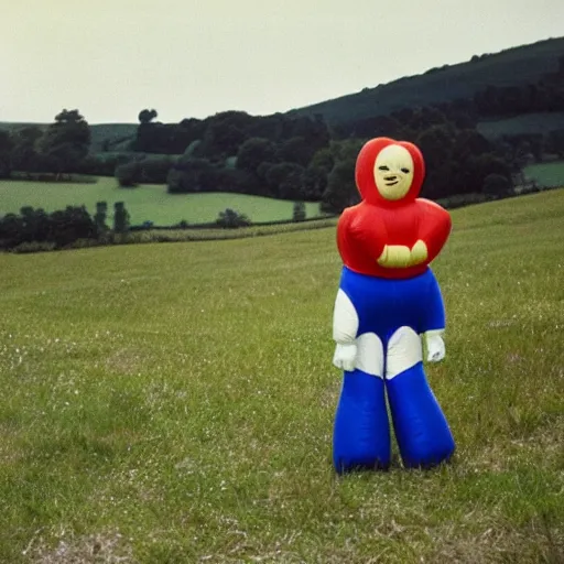 Prompt: middle-aged woman dressed as an inflatable toy, in the countryside 1979 arthouse film, archival footage, technicolor film expired film