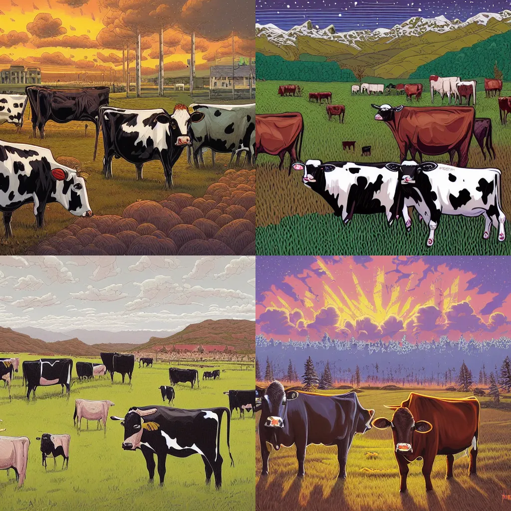 Prompt: \'bovines in places, cows in public spaces.\' by dan mumford