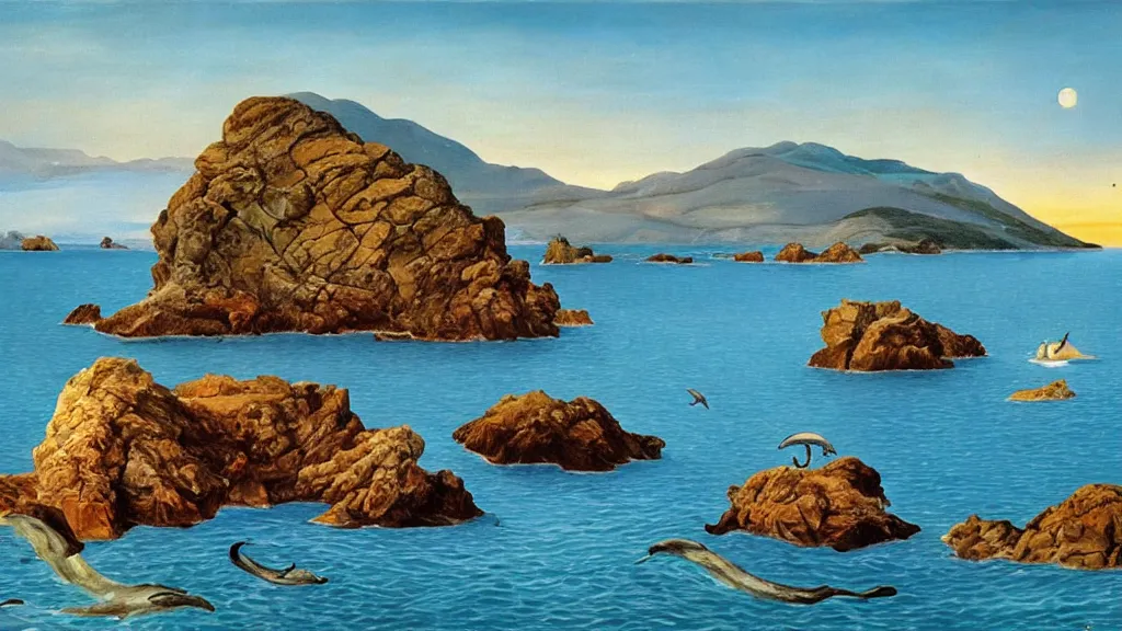 Image similar to High-Quality surrealist painting of Cap de Creus with dolphins at dawn, peaceful, very detailed, oil painting by Salvador Dalí.