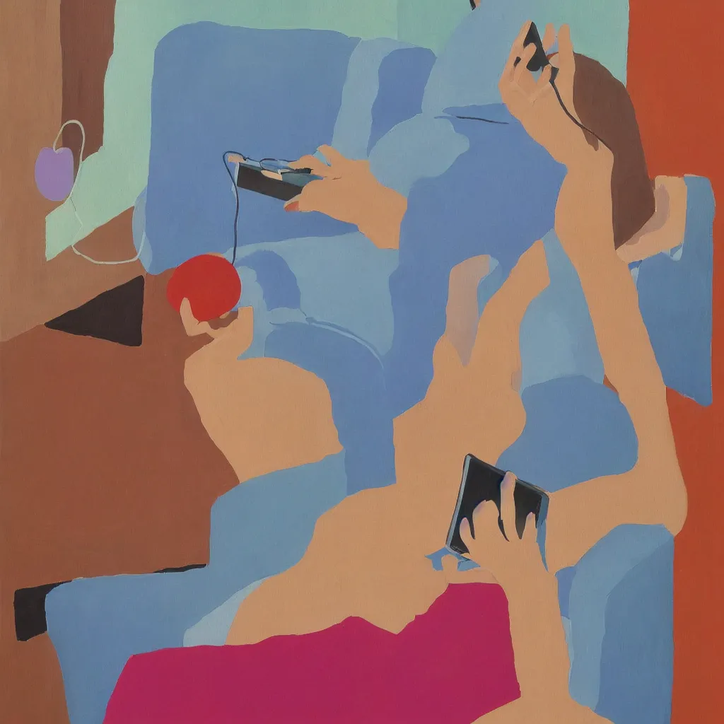 Image similar to i, a photorealistic painting of a beautiful woman playing her iphone, by david hockney