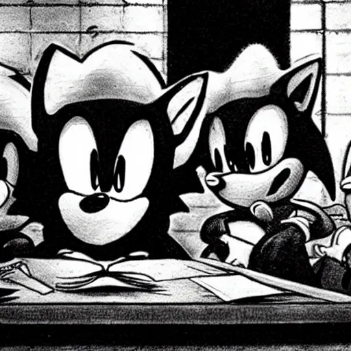 Image similar to sonic the hedgehog is sentenced at the nuremberg trials, historical photograph