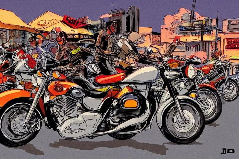 Image similar to motorcycles outside of bar roadside illustration by jack kirby in the style of syd mead artstation 4 k 8 k graphic novel concept art matte painting