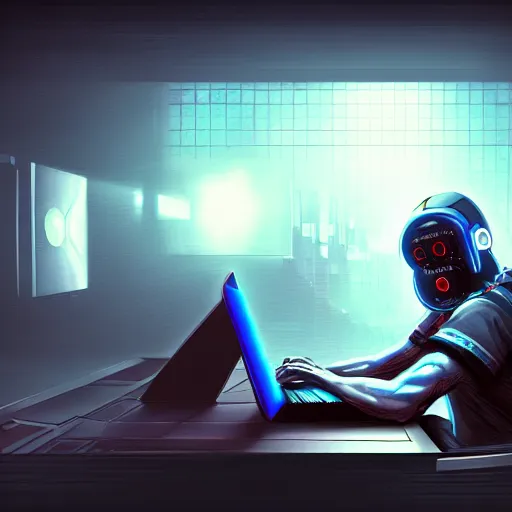 Prompt: realistic successful man typing on laptop in gaming room, artstation trends, cyberpunk concept art, highly detailed, intricate, sharp focus, digital art, 8 k