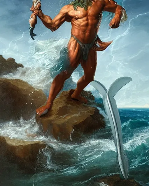 Prompt: a portrait of strong and proud young Poseidon with trident in his hands, screaming, ready to fight, rising from the ocean by Ross Tran and Thomas Cole and Wayne Barlowe