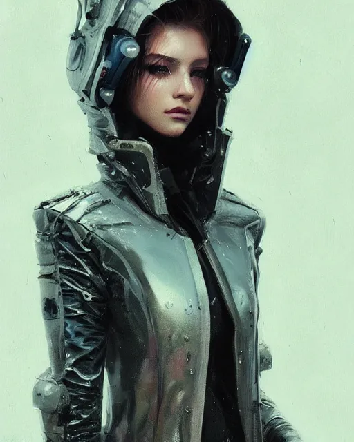 Image similar to detailed portrait of European Pretty Young Girl Storm Rain movie Jacket coat, Futuristic sci-fi fashion, royal attire by ismail inceoglu dragan bibin hans thoma greg rutkowski Alexandros Pyromallis Nekro Rene Margitte illustrated Perfect face, sharp chine, fine details, realistic shaded, fine-face, pretty face cyberpunk, neotokyo, synthwave, aesthetics, futuristic, low-emission-neon, bladerunner movie scene