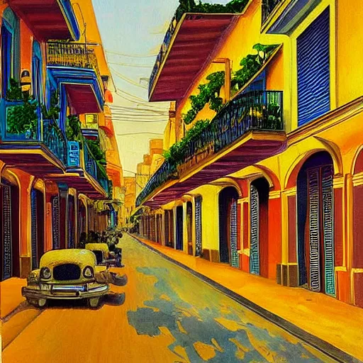 Image similar to art nouveau painting of streets of Havana, Cuba, beautiful, diverse, golden hour