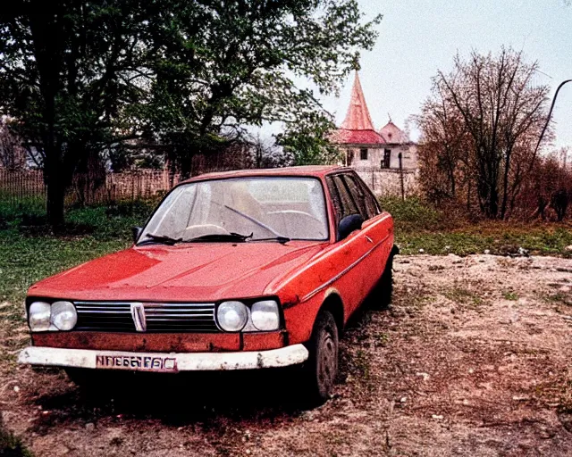 Image similar to a lomographic photo of old lada 2 1 0 7 standing in typical soviet yard in small town, hrushevka on background, cinestill, bokeh