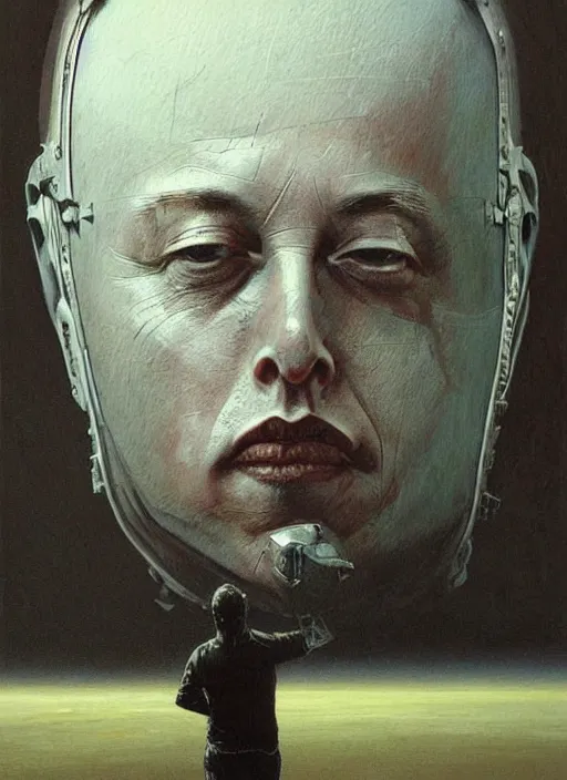 Image similar to A painting of Elon Musk in style of Beksinski. Very detailed