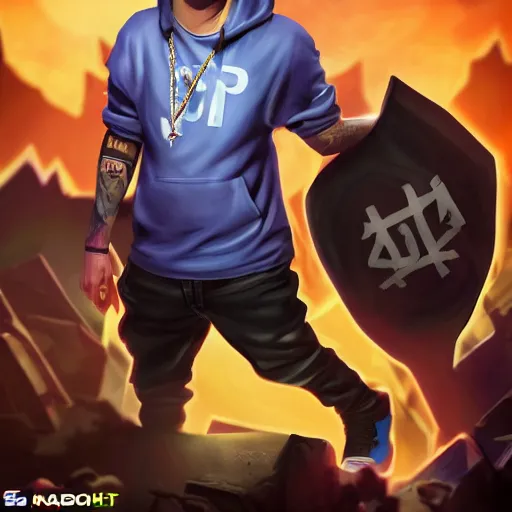 Image similar to rapper eminem as a character in the game league of legends, with a background based on the game league of legends, detailed face