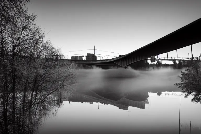 Prompt: low-angle photo aimed at the underside of Edmonton Walterdale bridge, light river mist, river reflection of summer trees and Edmonton Alberta hillside city towers, volumetric light, specular highlights on water, noon, dynamic raised shadows, high dynamic range, highlights reduced, sigma 24mm f8