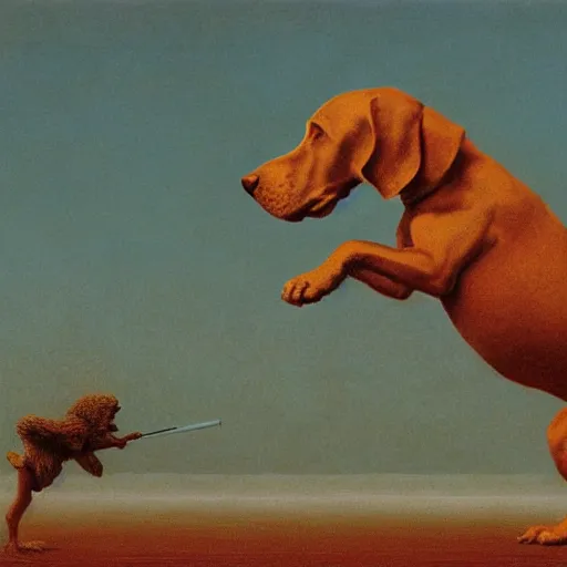 Prompt: dog holding a jar of peanut butter firing a lazer at a iron clad warrior zdzislaw beksinski