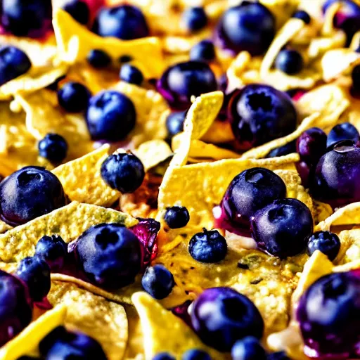 Image similar to nachos with blueberry jelly on top, closeup, professional food photography,