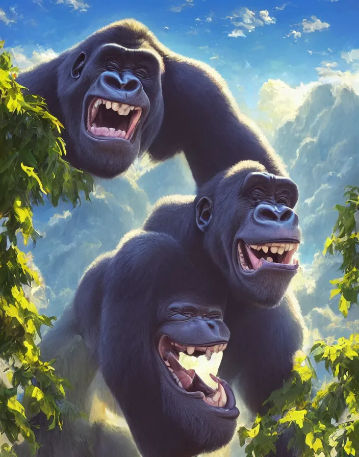 Prompt: a photo of harambe laughing at us from heaven, artstation, by nick silva and RHADS, intricate, elegant, highly detailed, digital painting, smooth, sharp focus