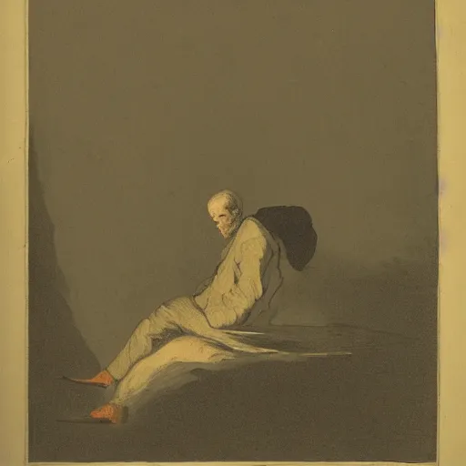 Image similar to A lonely man in the immensity drawn by Francisco de Goya