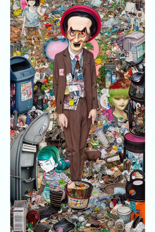 Prompt: full view, from a distance, of anthropomorphic trashcan duchamp, full of trash, style of yoshii chie and hikari shimoda and martine johanna, highly detailed