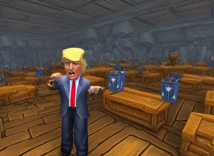 Image similar to donald trump at the auction house in ironforge world of warcraft