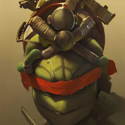 Image similar to portrait painting of a system administrator teenage mutant ninja turtle donatello, building computers, painted by greg rutkowski, dishonored 2