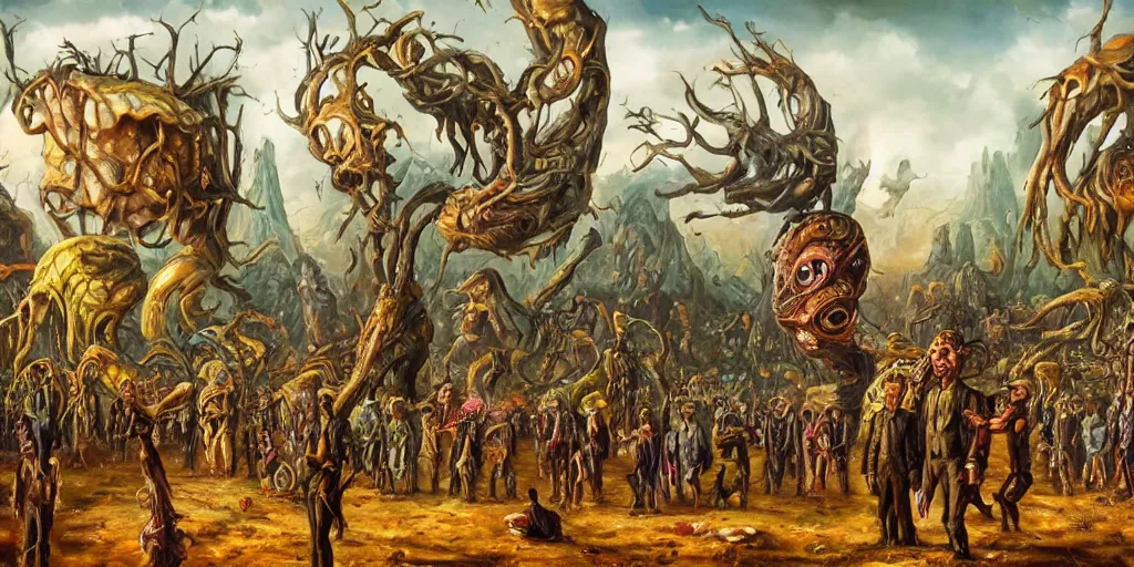 Image similar to surreal landscape full color oil painting of a terrifying bizarre parade deep perspective small biomorphic creatures in background large disturbing humanoids in the foreground perfect composition golden ratio epic scene hyperrealistic detail