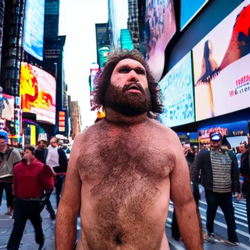 Image similar to a confused looking caveman in the middle of times square, high quality, high resolution