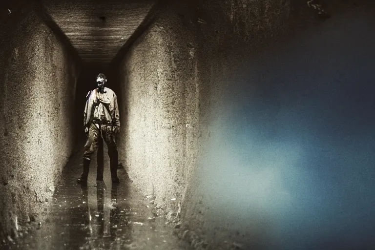 Image similar to a cinematic headshot photograph of a homeless war veteran, stood in a tunnel, stormy weather, rain, film still, cinematic, dramatic lighting, blue color theme, by zack snyder