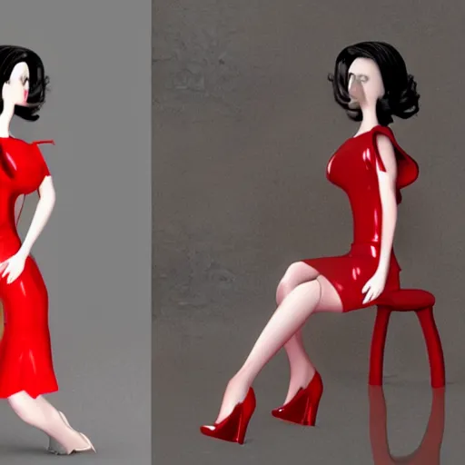 Prompt: woman, red short dress, black hair, high definition, by milo manara, 3 d render, red high heels, face, house, sand