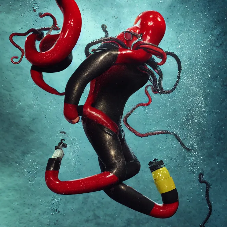 Image similar to octane render portrait by wayne barlow and carlo crivelli and glenn fabry, subject is a diver in a wet suit with goggles with giant long red tentacles coming out of their mouth, cinema 4 d, ray traced lighting, very short depth of field, bokeh