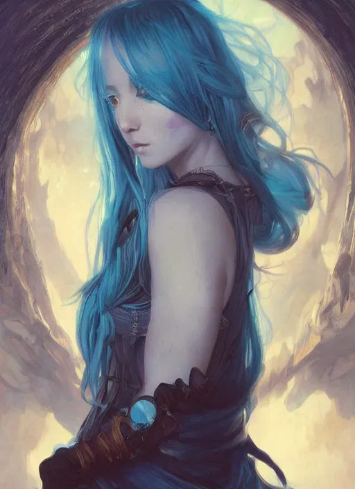 Image similar to stunningly beautiful female blue hair, dj sura face, fantasy art, dark light night, sharp focus, digital painting, 8 k, concept art, art by wlop, artgerm, greg rutkowski and alphonse mucha