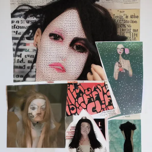 Image similar to a beautiful aesthetic!!! collage! portrait of a depressed girl, made in a magazine clipping collage style, cutout, clippings of a fashion magazine, made by a depressed art student