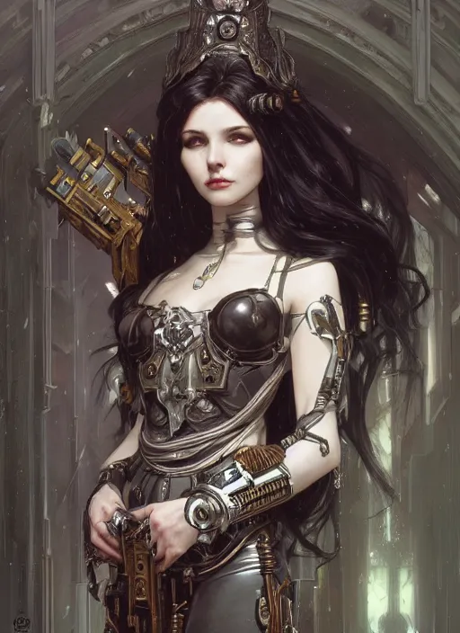 Image similar to portrait of beautiful cute pale gothic maiden, warhammer 40000, cyberpunk, intricate, elegant, highly detailed, digital painting, artstation, concept art, smooth, sharp focus, illustration, art by artgerm and greg rutkowski and alphonse mucha and Gustav Klimt