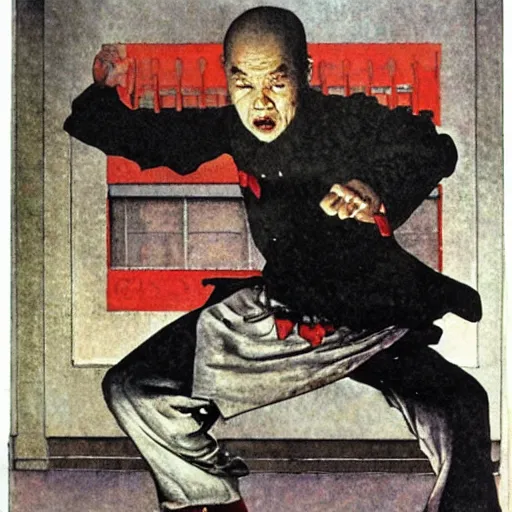 Prompt: ghost of a kung fu master haunting a bank, painted by norman rockwell