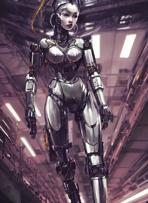 Prompt: a young attractive beautiful Asian woman wearing mecha armor inside a sci-fi hangar, dramatic pose, chrome, glowing LEDs, wires and cables, highly detailed, photorealistic, volumetric lighting, digital art, octane render, in the style of Artgerm and Tom Bagshaw