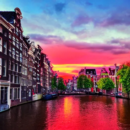 Prompt: a red sky with a yellow sun in amsterdam