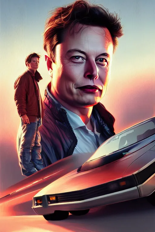 Image similar to elon musk as marty mcfly near cybertruck, realistic portrait, symmetrical, highly detailed, digital painting, artstation, concept art, smooth, sharp focus, illustration, cinematic lighting, art by artgerm and greg rutkowski and alphonse mucha