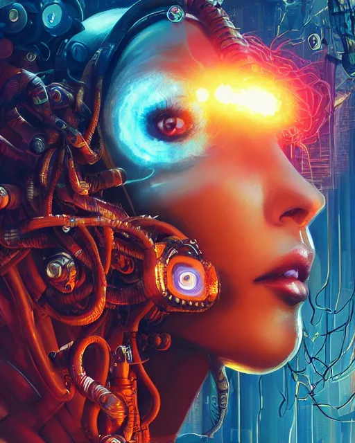 Prompt: a cyberpunk extreme close up portrait of cyborg medusa, electricity, snakes in hair, sparks, bokeh, soft focus, skin tones, warm, sky blue, sunny sky, by paul lehr, jesper ejsing