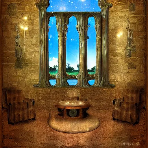 Prompt: castle interior with a magical mirror floating around, digital art