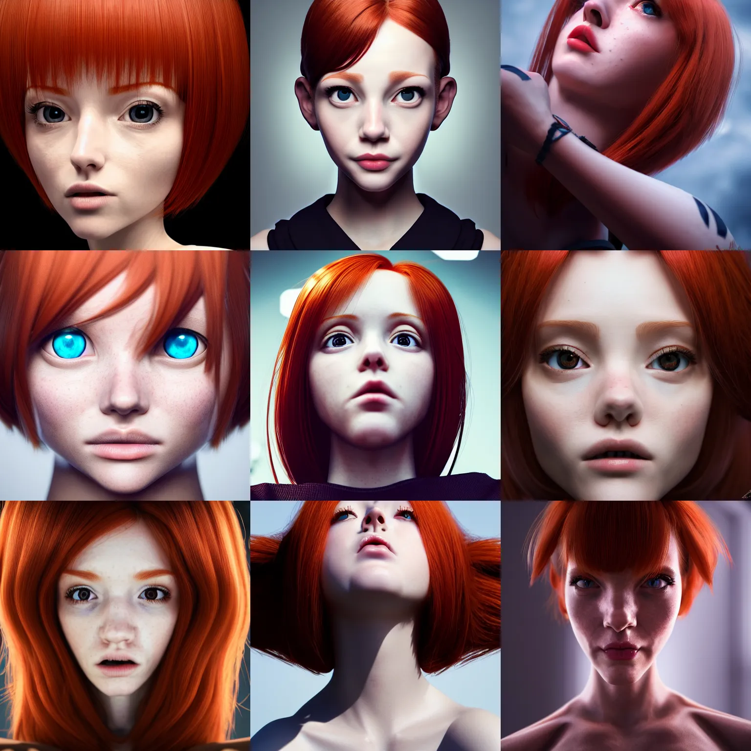 Prompt: photo from below of a redheaded petite girl, trending on artstation, seen from below, view from below, very coherent symmetrical artwork, perfect face, symmetrical face, 35 mm, cinematic, hyper realism, high detail, octane render, 8k, chrome accents, unreal engine 5