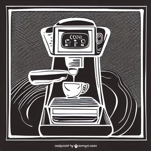 Prompt: espresso machine, coffee, hand drawn, engraved vector, by alexanderpokusay