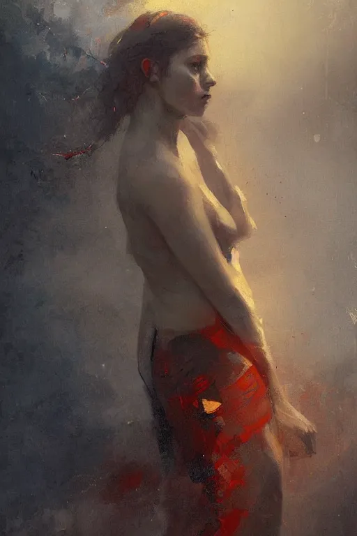 Image similar to an epic painting of a 1 9 years old girl figure, dramatic earth colors, with few fire red highlights, by jeremy mann and greg rutkowski, trending on artstation, oil on canvas