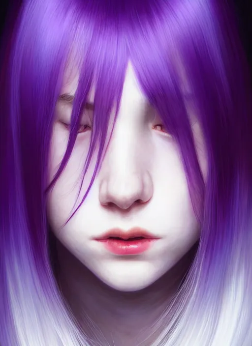 Image similar to hair whitebangs hair, black hair, whitebangs, portrait of teenage girl with white bangs, red irises, purple clothes, white bangs, bangs are different color from hair, intricate, elegant, glowing lights, highly detailed, digital painting, artstation, concept art, smooth, sharp focus, illustration, art by wlop, mars ravelo and greg rutkowski