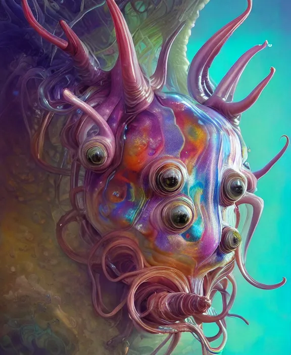 Image similar to intricate colorful transparent portrait of a terrifying beautiful alien sea slug, horns, mottled coloring, adorable, childlike, anxiety environment, ultra realistic, concept art, art nouveau, photorealistic, octane render, 8 k, unreal engine. art by christopher marley and artgerm and greg rutkowski and alphonse mucha