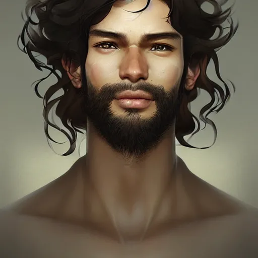 Image similar to Portrait of man with Tousled Curls type hair and Brown Indonesian-type skin, with round face, atmospheric lighting, intricate detail, cgsociety, ambient light, dynamic lighting, anime style by Yusuke Kozaki