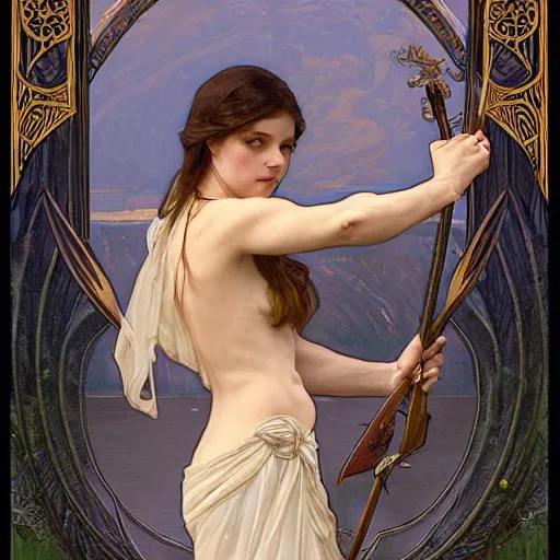 Image similar to portrait of the lady of the lake holding excalibur, elegant, art nouveau, tarot card, highly detailed, digital painting, artstation, concept art, smooth, sharp focus, illustration, art by artgerm and greg rutkowski and alphonse mucha and william - adolphe bouguereau